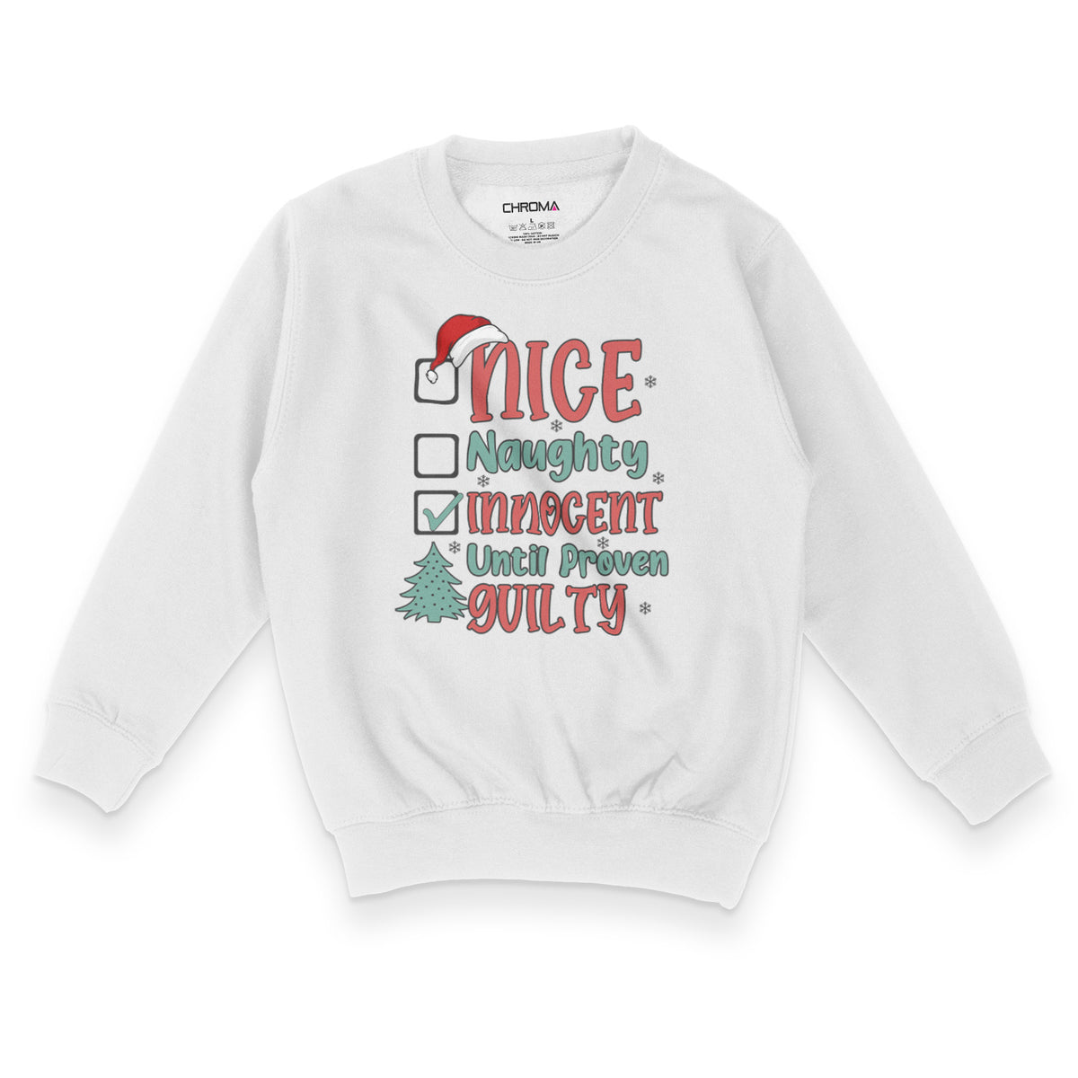 Innocent Until Proven Guilty, Naughty Nice | Kid's Christmas Sweatshir Chroma Clothing